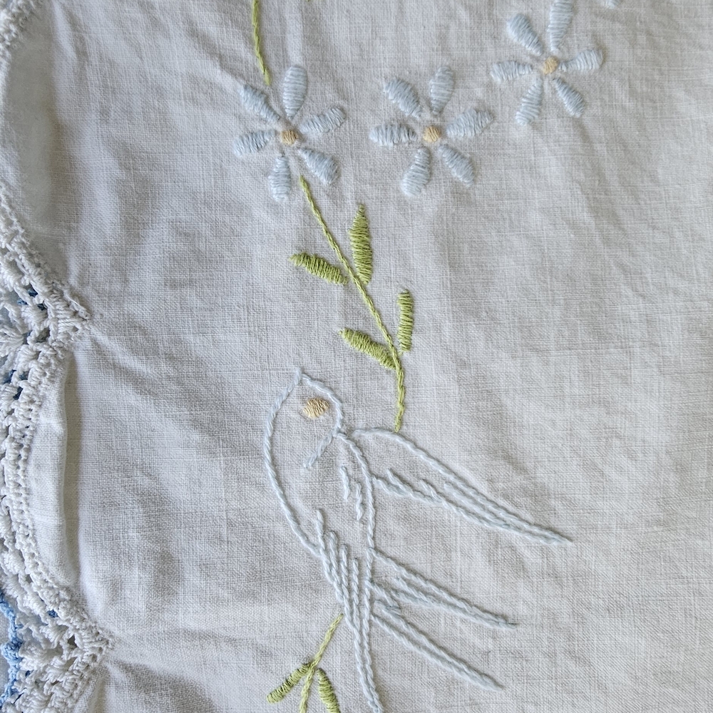 Embroidered White Vintage Pillow Cases with Bird and Floral Design Set Of Two